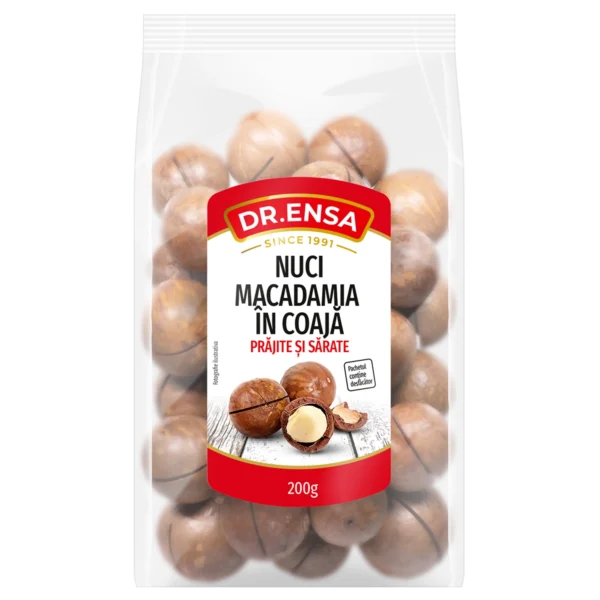 Nuci macadamia în coajă, prăjite și sărate 200g
