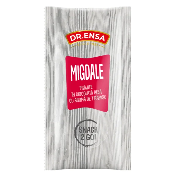 Migdale prăjite în ciocolată albă cu aromă de tiramisu 50g Snack2Go