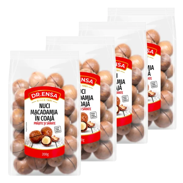 Nuci macadamia în coajă, prăjite și sărate 200g x 4 bucăți